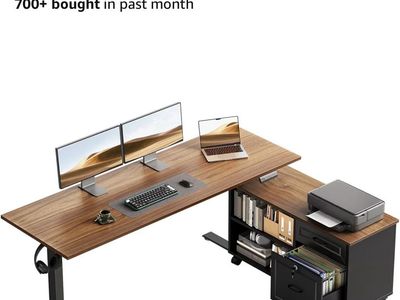 Brand New 55" L Shaped Electric Standing Desk with Cabinet Sets, Walnut/Black fully assembled