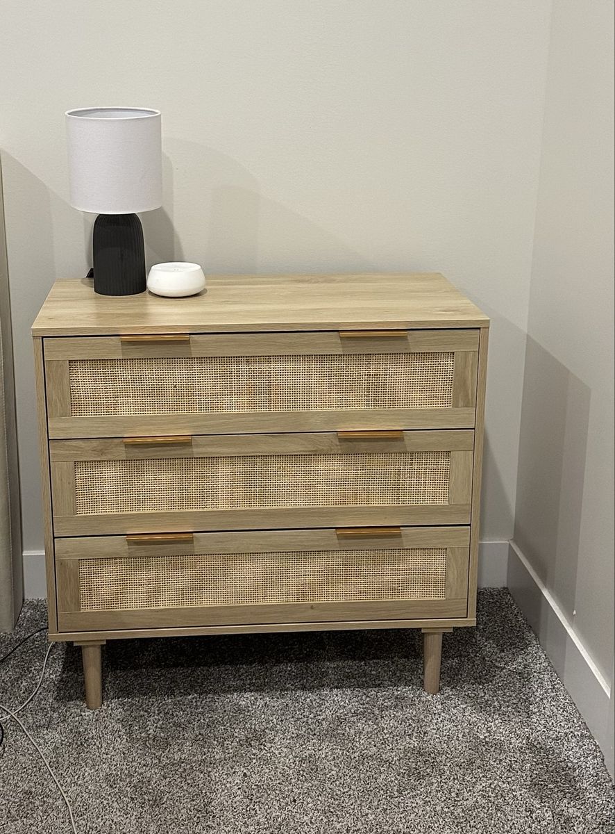 2 Modern 3-Drawer Oak Dresser with Rattan Accents and Gold Handles