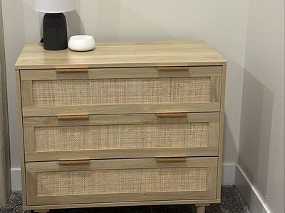 2 Modern 3-Drawer Oak Dresser with Rattan Accents and Gold Handles