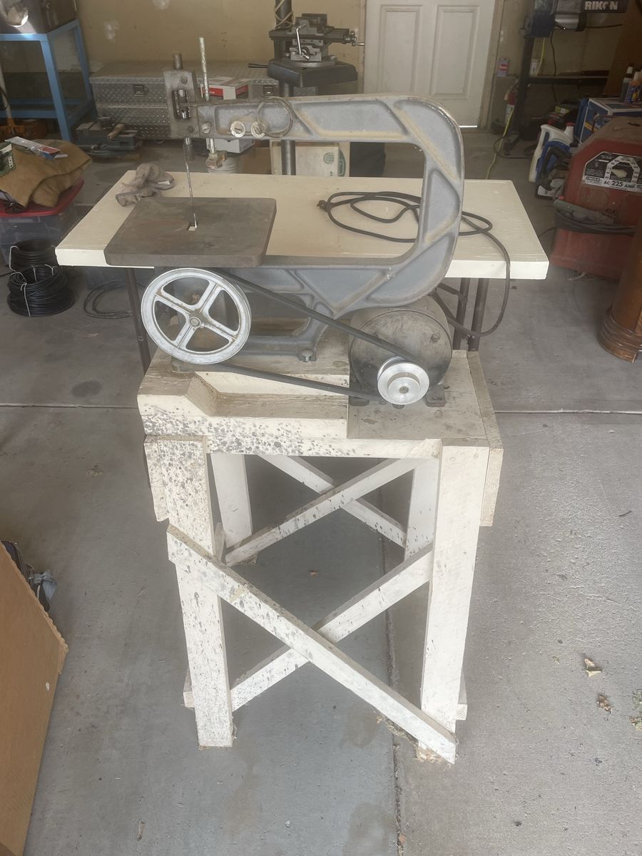 Vintage Wards Powr-Kraft Cast Iron Scroll Saw with Motor and Stand