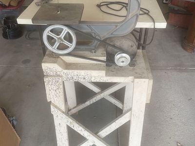 Vintage Wards Powr-Kraft Cast Iron Scroll Saw with Motor and Stand