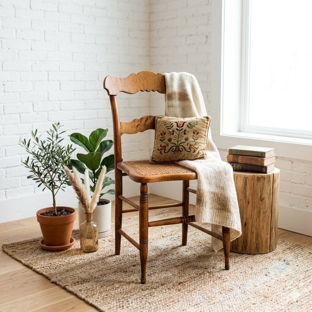 Antique Wood Chair with Cane Seat