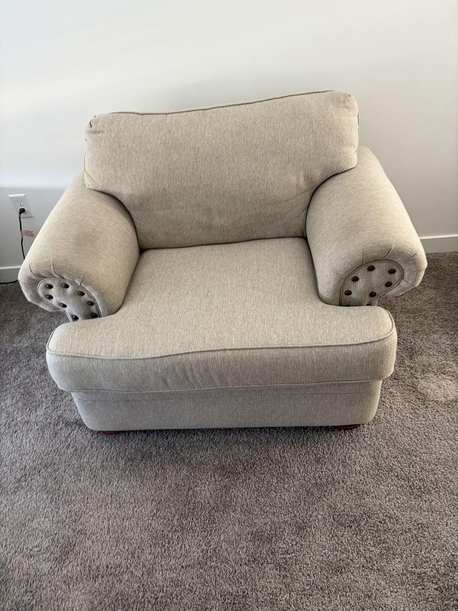 Cozy Beige Fabric Accent Armchair - Oversized, Nailhead Trim, Excellent Condition