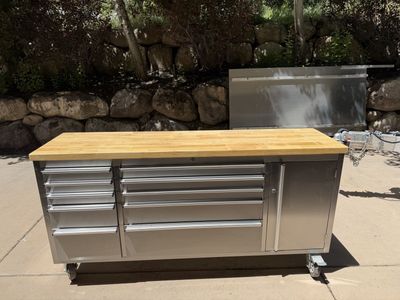 Two Tool cabinets, work bench, 72” by 19”