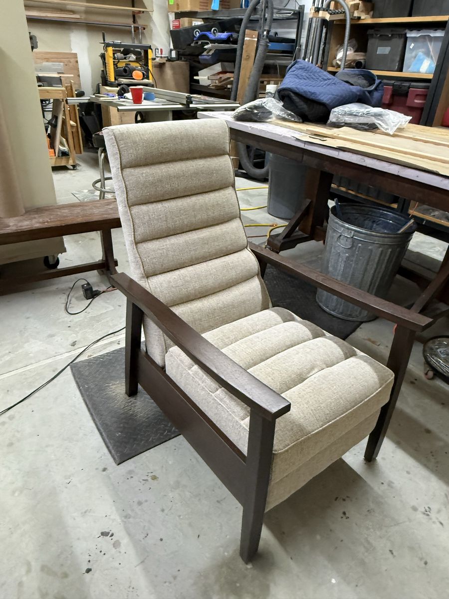 Mid-Century Modern Style Reclining Armchair with Beige Fabric & Dark Wood Frame
