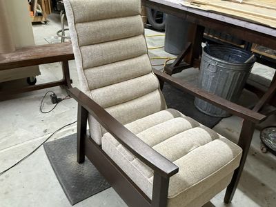 Mid-Century Modern Style Reclining Armchair with Beige Fabric & Dark Wood Frame