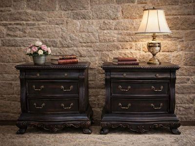 European Nightstands Set of 2 Carved Black TALL End Tables Cottagecore Farmhouse Gothic Western