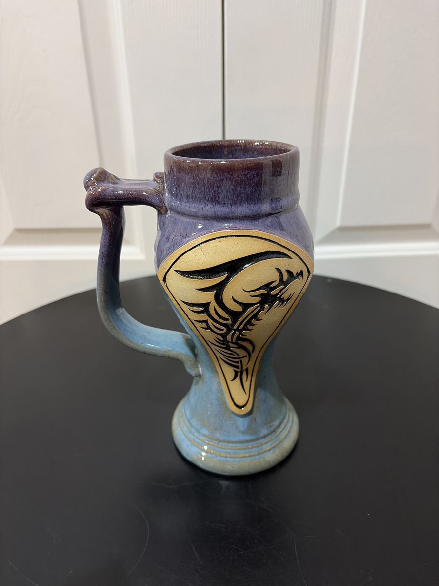 Handmade Ceramic Pottery Mug Purple Blue with Tribal Dragon Design Unique Stoneware Stein