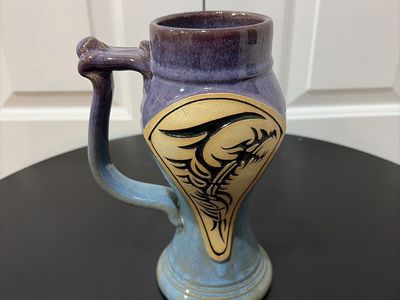 Handmade Ceramic Pottery Mug Purple Blue with Tribal Dragon Design Unique Stoneware Stein