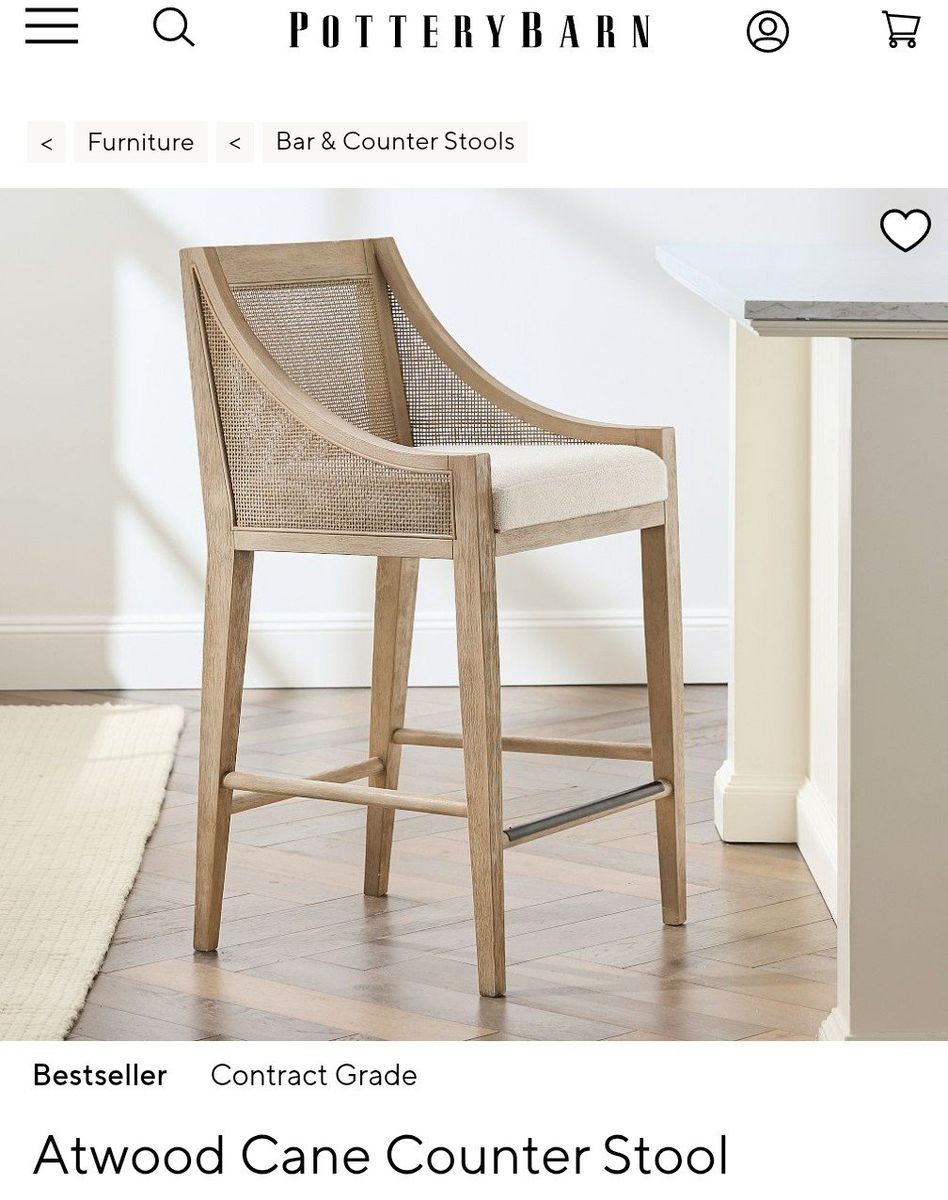 Pottery Barn Atwood Cane Counter Stool - Natural Wood, Cane & White Upholstered Cushion (Set of 2)