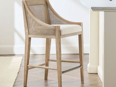 Pottery Barn Atwood Cane Counter Stool - Natural Wood, Cane & White Upholstered Cushion (Set of 2)
