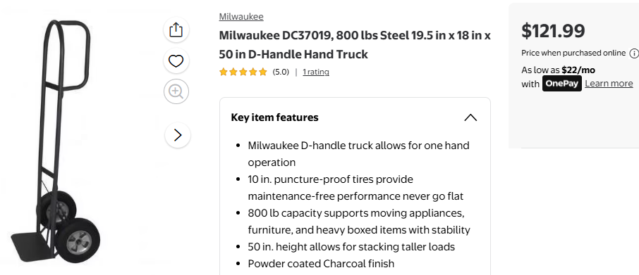 New Milwaukee DC37019, 800 lbs Steel 19.5 in x 18 in x 50 in D-Handle Hand Truck