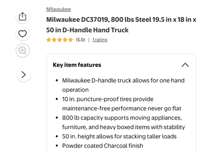 New Milwaukee DC37019, 800 lbs Steel 19.5 in x 18 in x 50 in D-Handle Hand Truck