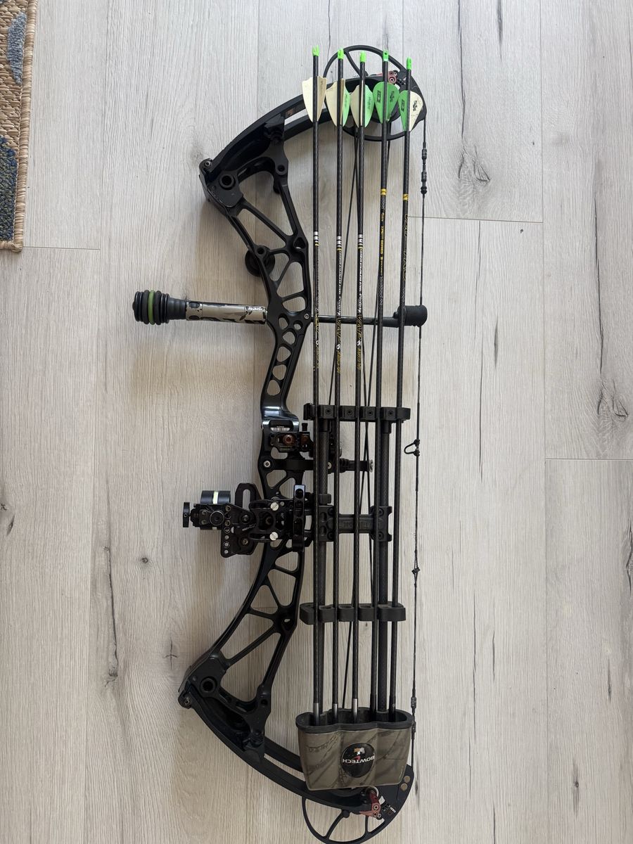 Bowtech Compound Bow Setup with Quiver, Arrows, Sight, and Stabilizer
