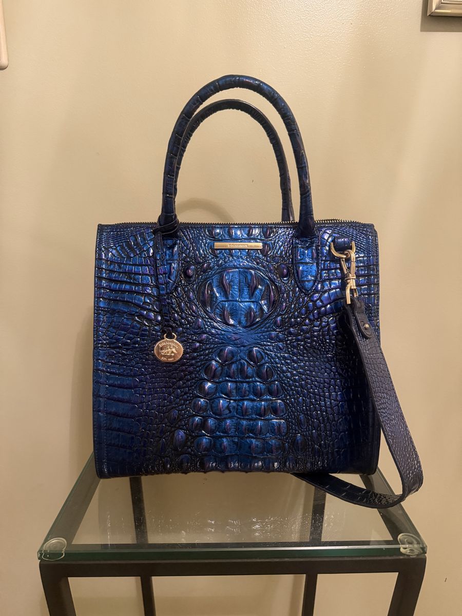 Brahmin Iridescent Blue Croc-Embossed Leather Satchel Bag with Shoulder Strap and Wallet