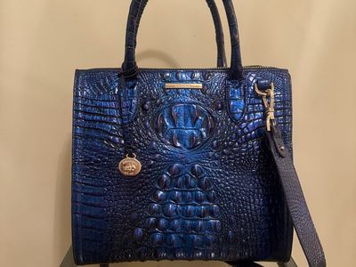 Brahmin Iridescent Blue Croc-Embossed Leather Satchel Bag with Shoulder Strap and Wallet