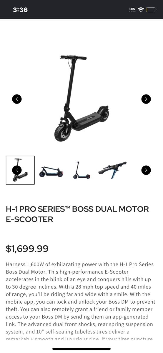 VERY NEGOTIABLE! H-1 Pro Series Boss Dual Motor E-Scooter - 1600W, 30 MPH, 40-Mile Range, App Control