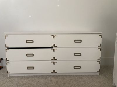 White 6-Drawer Dresser with Brass Corner Brackets and Pull Handles