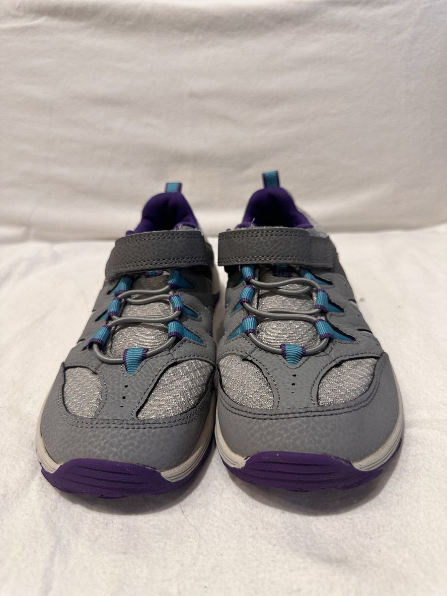 Merrell youth size 3, gray with teal and purple trim, hiking shoes 