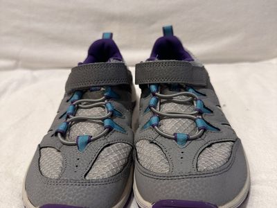 Merrell youth size 3, gray with teal and purple trim, hiking shoes