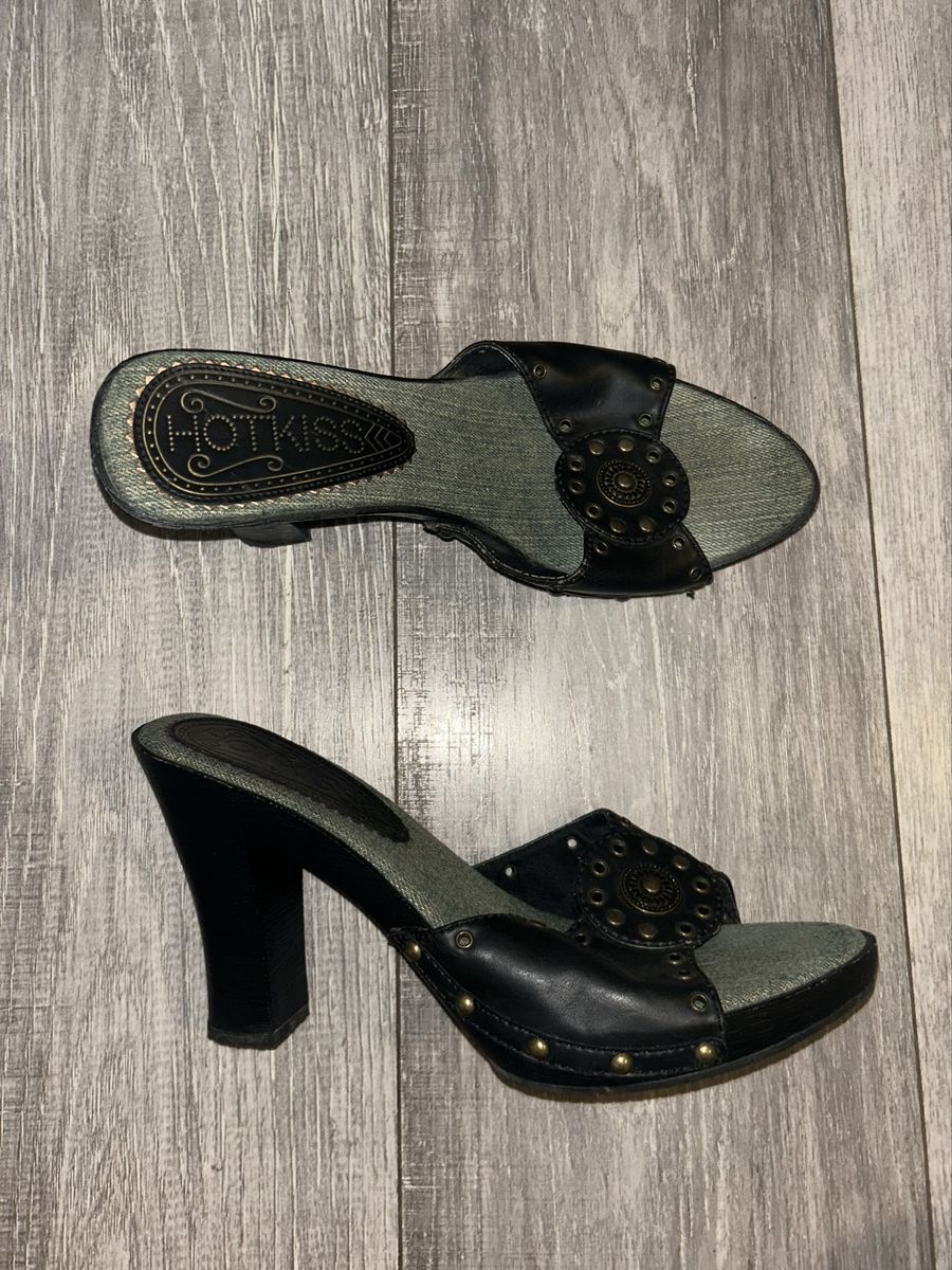 Vintage Hot Kiss Y2K Black & Denim Studded Heeled Mule Sandals