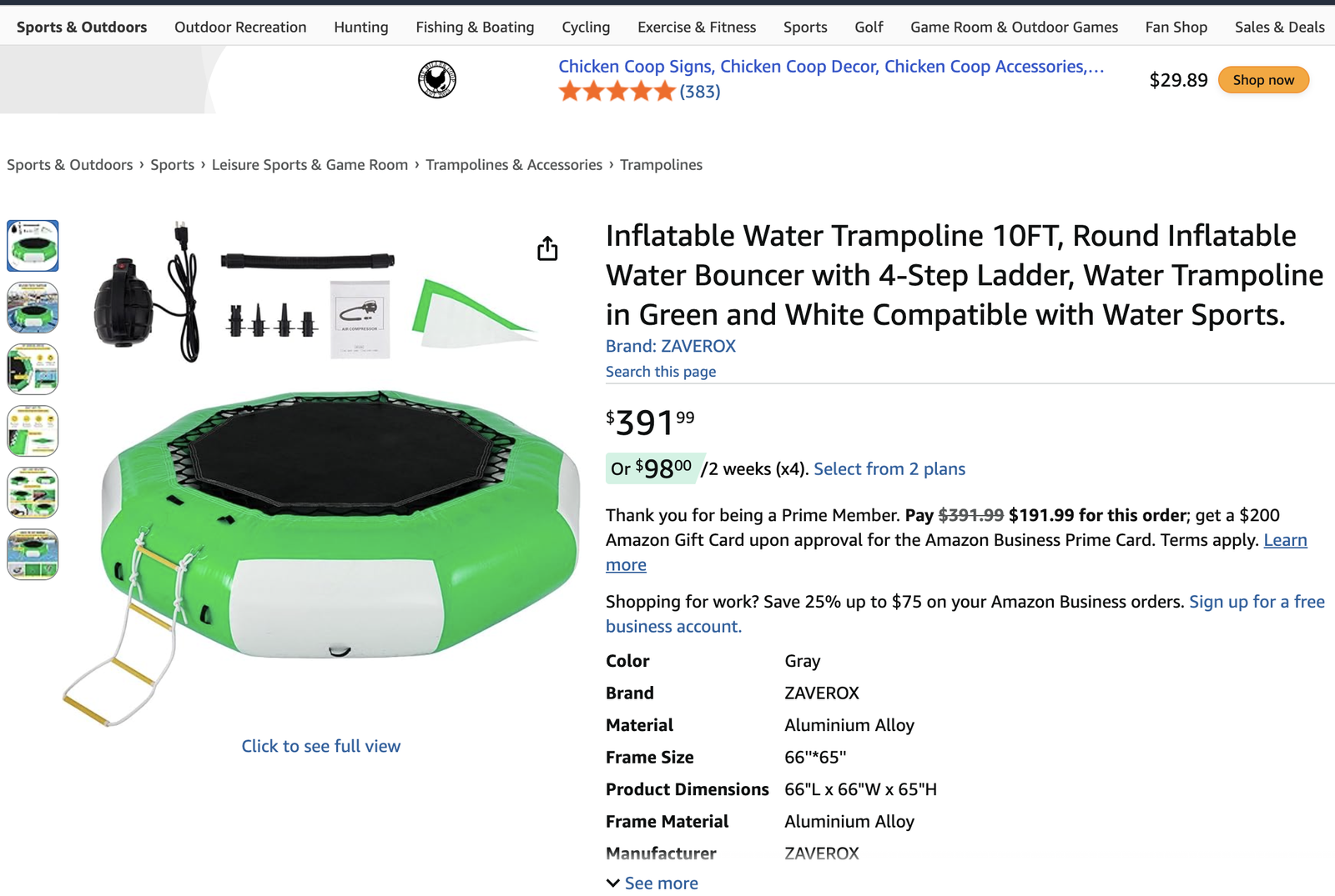 Inflatable Water Trampoline 10ft , Green and White Round Inflatable Water Bouncer