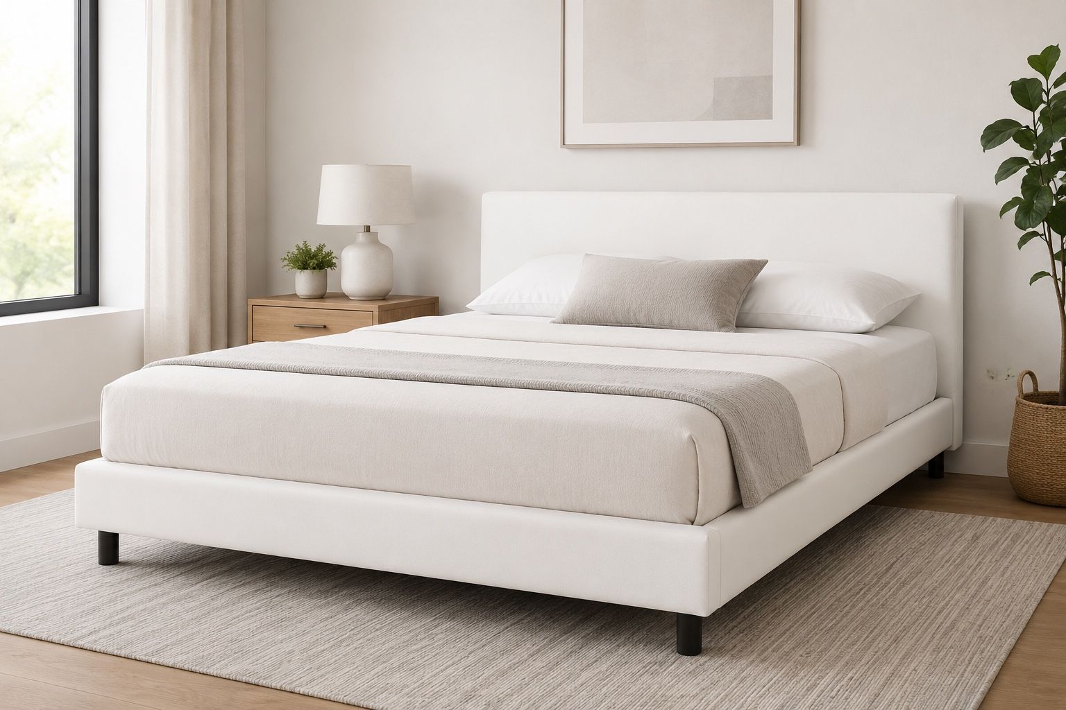 White Queen Upholstered Platform Bed Frame with Headboard - Model 822#