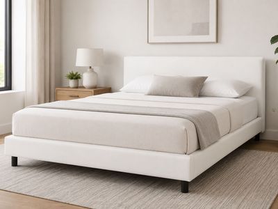 White Queen Upholstered Platform Bed Frame with Headboard - Model 822#
