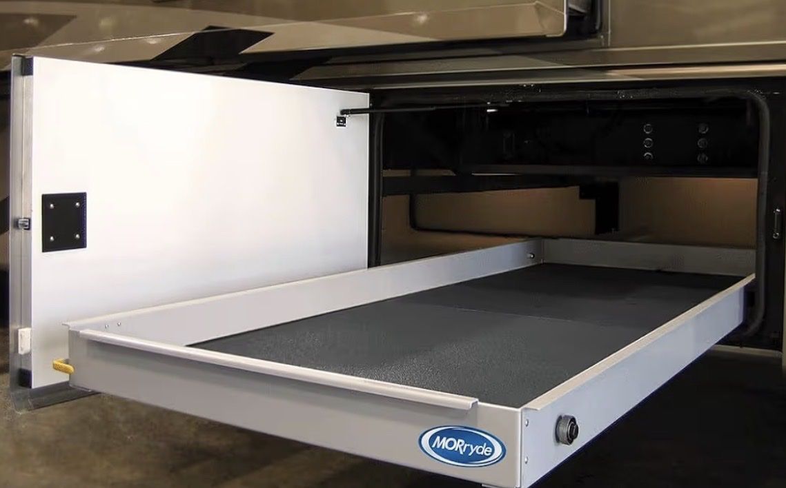 MORryde RV Cargo Slide Tray - 70" x 23" - 2 Way Slide - 80 Percent Extension - Carpeted Floor - 500 lbs.