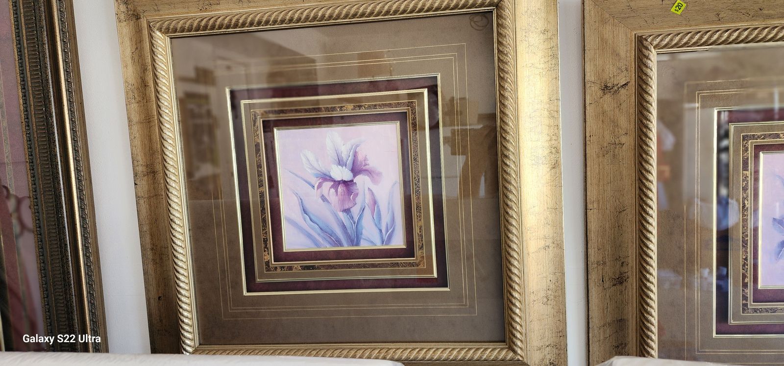 Framed Floral Wall Art Print - Gold Frame, Burgundy Matting, Set of Two