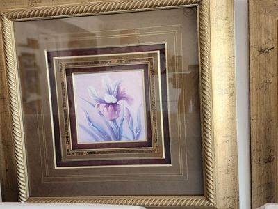 Framed Floral Wall Art Print - Gold Frame, Burgundy Matting, Set of Two