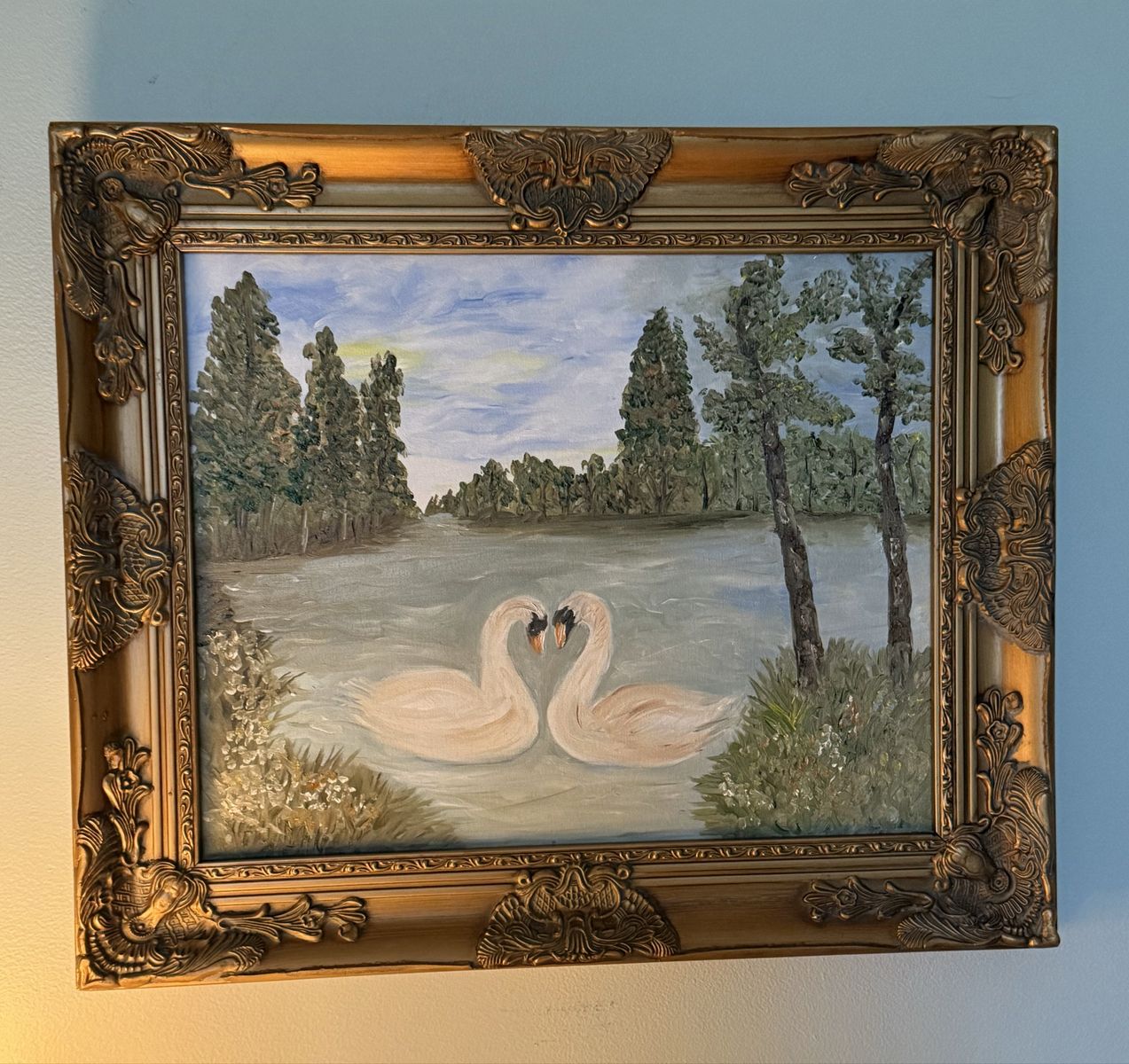 Original oil painting Two Swans in Love