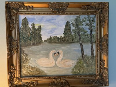 Original oil painting Two Swans in Love