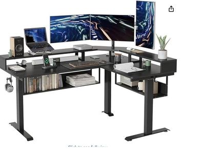 FEZIBO 63Inch L-Shaped Standing Desk with Shelves, Triple Motor Adjustable Corner Desk, Black