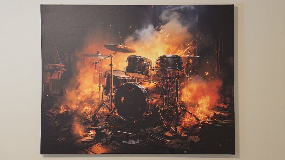 Drum Set in Flames Canvas Wall Art 34" by 44" large