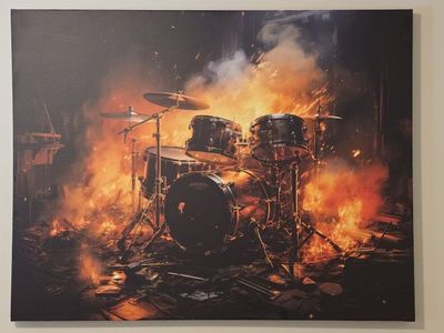 Drum Set in Flames Canvas Wall Art 34" by 44" large