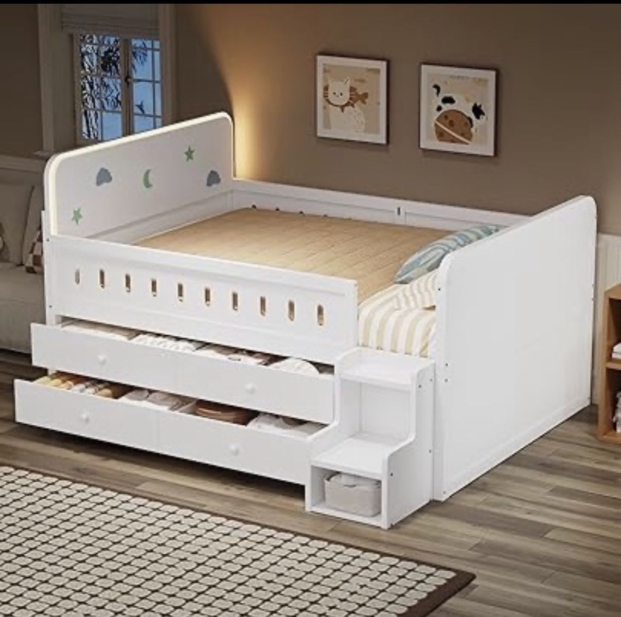 YOUTH FULL-SIZE CAPTAINS BED WITH STORAGE AND LIGHT UP HEADBOARD - NEW/UNOPENED