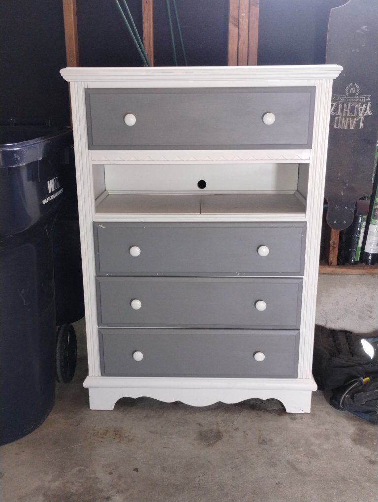 White & Gray Dresser with 4 Drawers and Open Shelf Storage