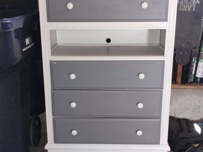White & Gray Dresser with 4 Drawers and Open Shelf Storage