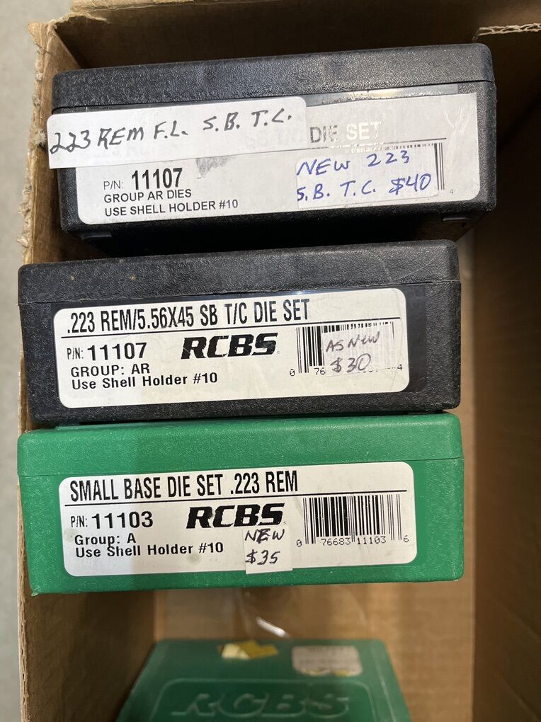 Six 223 Die Sets. 10% off all marked prices!!Powders, bullets, equipment...