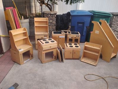 Wooden Kitchen Play Sets Sinks Stoves Ovens Microwaves Cupboards Modular Interchangable Great for Daycares Preschools