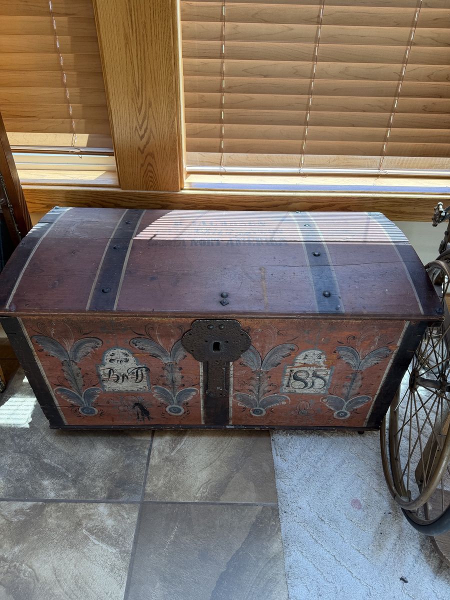 Antique 1833 Hand-Painted Wooden Chest Storage Trunk, Folk Art Decor, Farmhouse Style