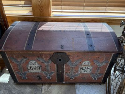Antique 1833 Hand-Painted Wooden Chest Storage Trunk, Folk Art Decor, Farmhouse Style