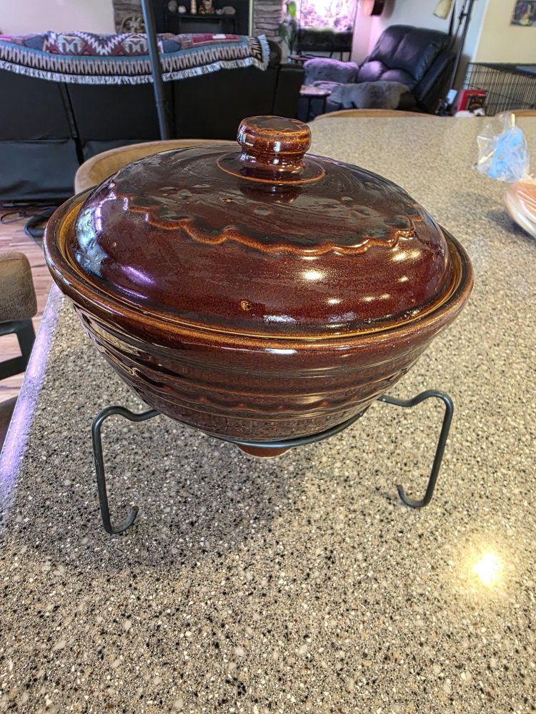Vintage Mar-Crest Oven Proof Stoneware Bean Pot with Lid and Stand