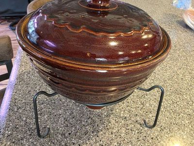 Vintage Mar-Crest Oven Proof Stoneware Bean Pot with Lid and Stand