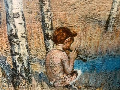 Vintage Boy Flute Mountain Scene Wood Frame