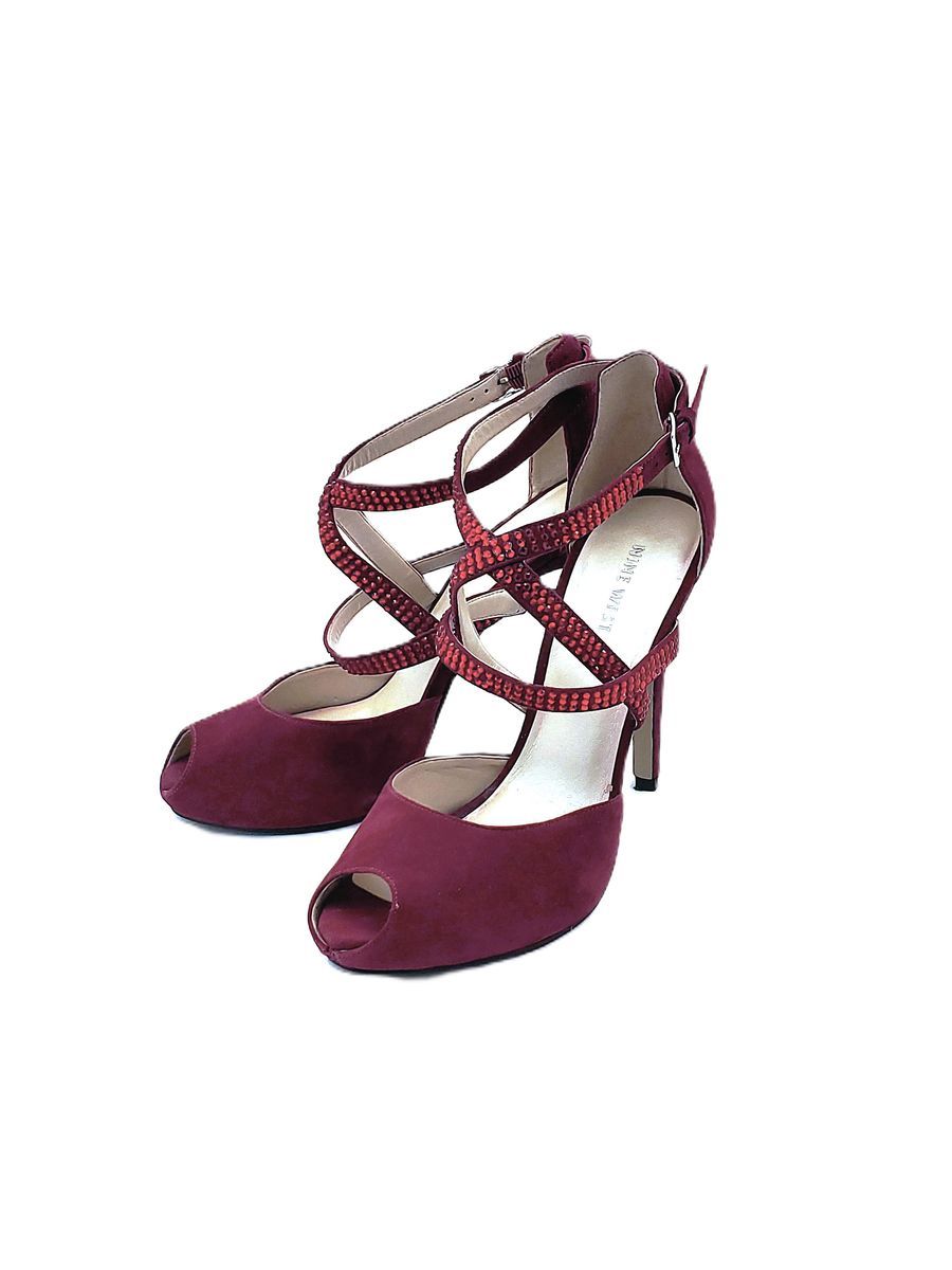 “Nine West” Burgundy Suede Strappy Rhinestone Heels – 4 ½ Inch – Size 7 ½ M
