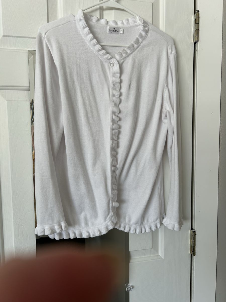 Knight & Wells White Ruffle Cardigan Sweater Size XL