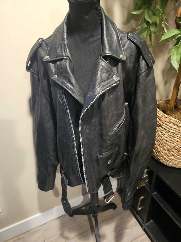 Classic Black Leather Motorcycle Jacket - Size 52 - Excellent Condition with Side Lacing Detail