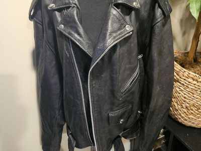 Classic Black Leather Motorcycle Jacket - Size 52 - Excellent Condition with Side Lacing Detail